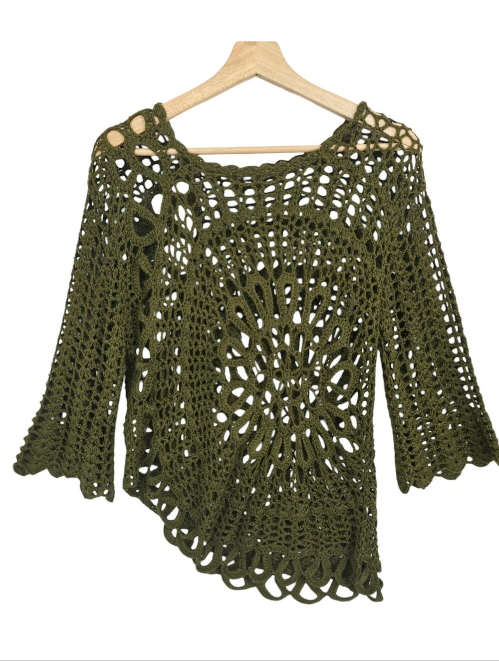 Vintage 90s Olive Crochet Asymmetrical Knit Top Bell Sleeve Boho Coastal Medium - Picture 2 of 10